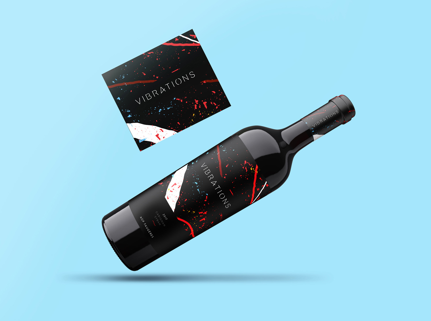 vibrations wine label design branding bottle and card on blue mockup design etiquette de vin