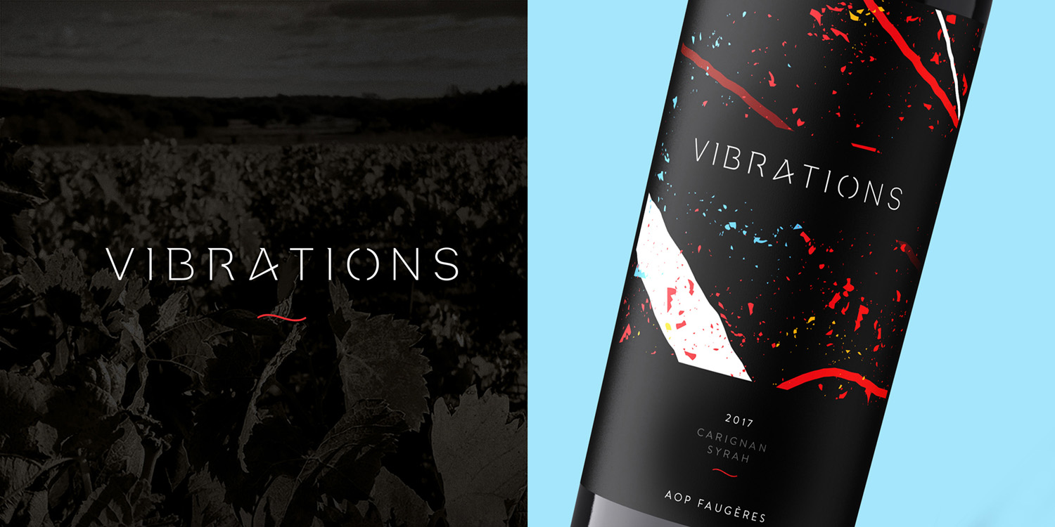 vibrations wine label design branding bottle and card on blue mockup design etiquette de vin