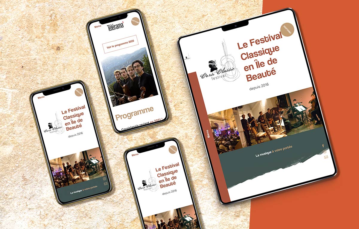 Corsiclassic festival de musique de Chambre en Corse, landing page ipad iphone mockup