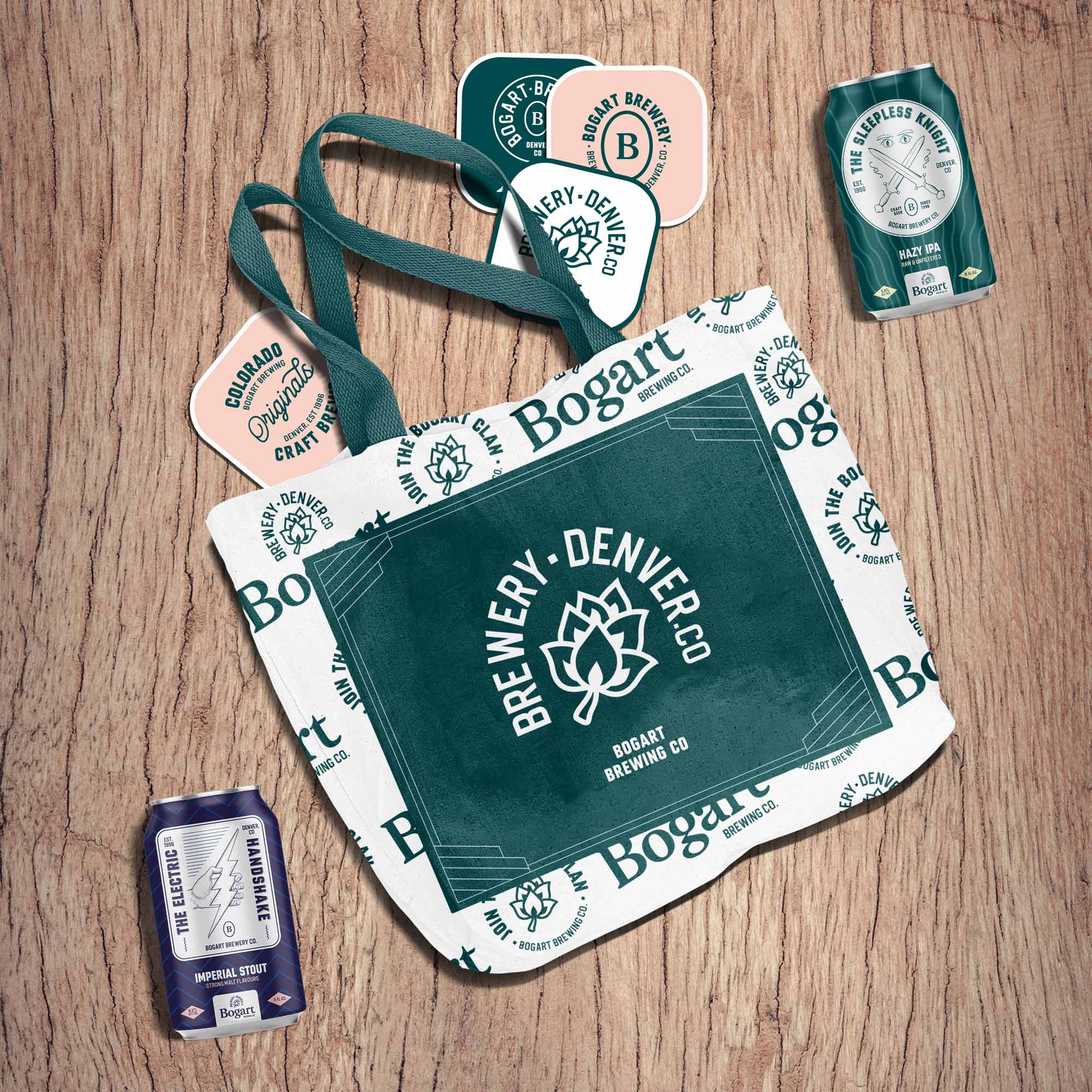 Bogart brewery craft brewery branding tote bag and beer cans mockup Kalistostudio craft beer design